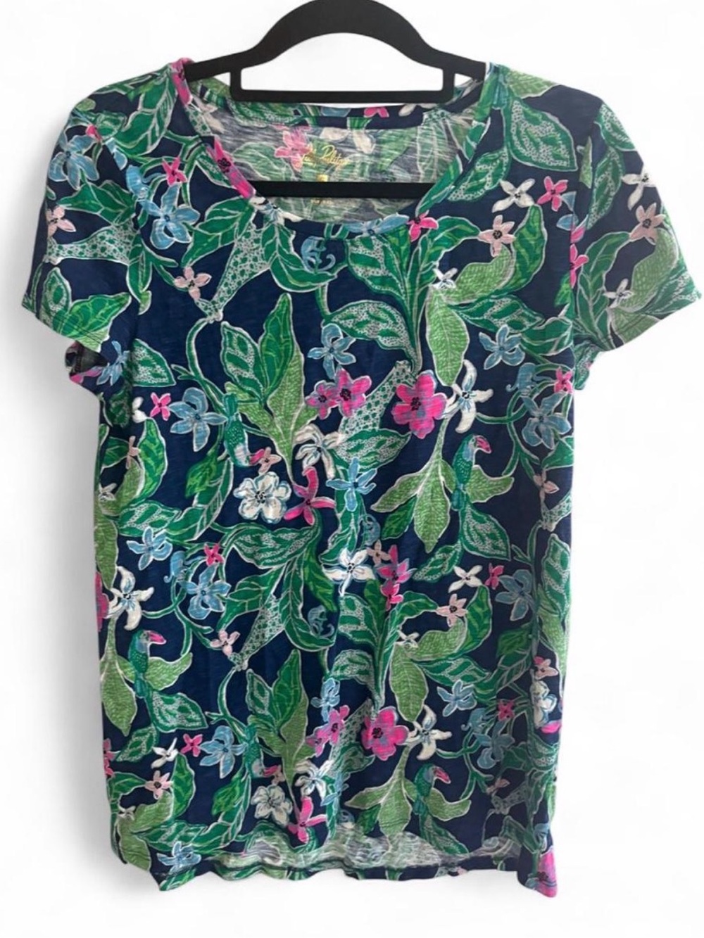 Lilly Pulitzer Navy Floral Scoop Neck Tee with Green & Pink Leaves